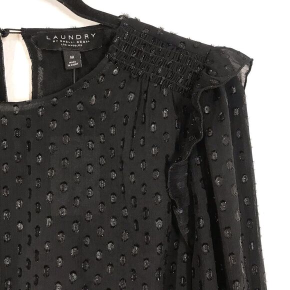 Laundry By Shelli Segal Women's Black Dot Blouse Size Medium Long Sleeve Ruffle - Picture 3 of 10